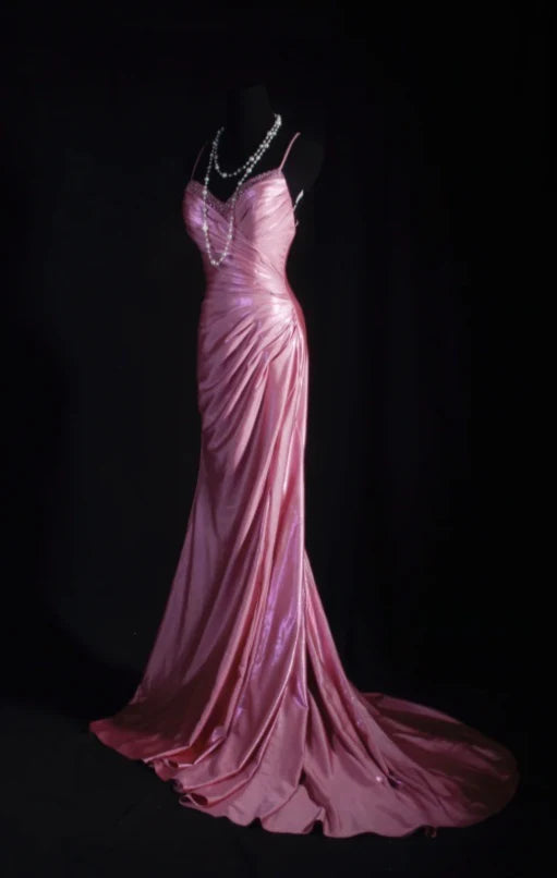 Vintage Rose Pink Satin Mermaid Evening Gown Spaghetti Strap Sweetheart Prom Dress TP5147