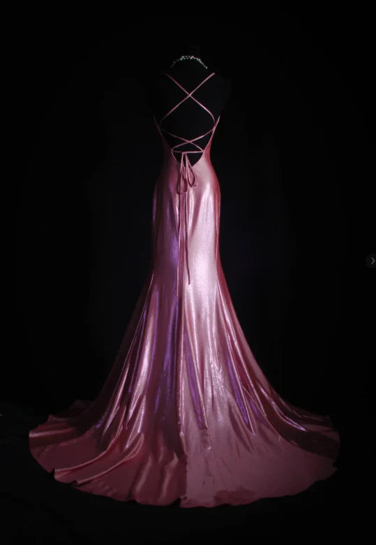 Vintage Rose Pink Satin Mermaid Evening Gown Spaghetti Strap Sweetheart Prom Dress TP5147