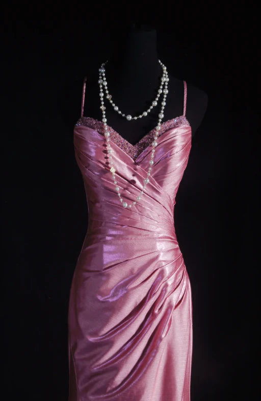 Vintage Rose Pink Satin Mermaid Evening Gown Spaghetti Strap Sweetheart Prom Dress TP5147