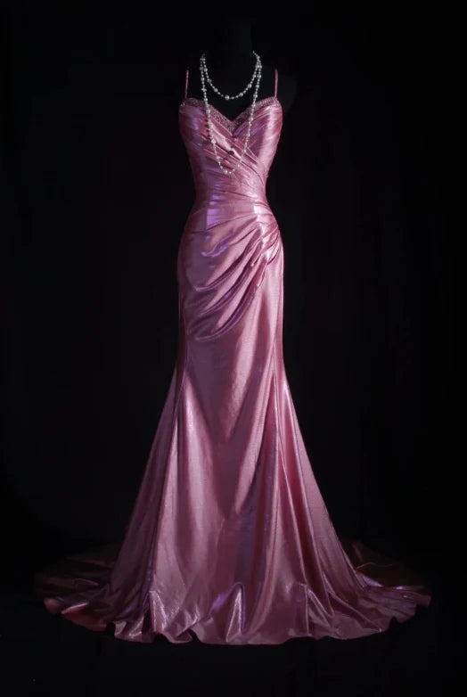 Vintage Rose Pink Satin Mermaid Evening Gown Spaghetti Strap Sweetheart Prom Dress TP5147