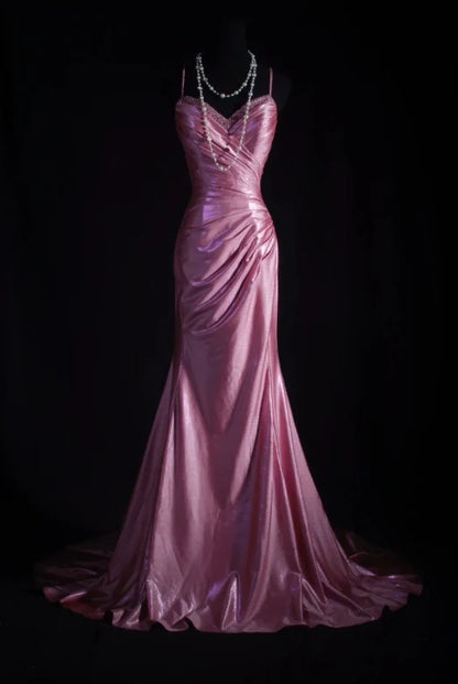 Vintage Rose Pink Satin Mermaid Evening Gown Spaghetti Strap Sweetheart Prom Dress TP5147