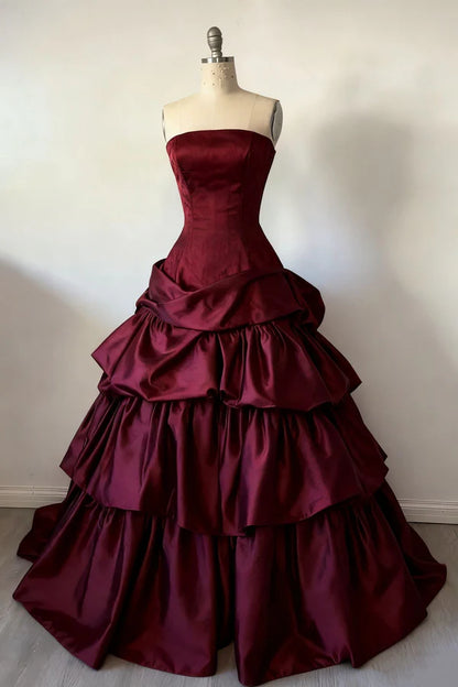 Vintage Burgundy Strapless Tiered Satin Sweet 16 Quinceanera Ball Gown TP5711