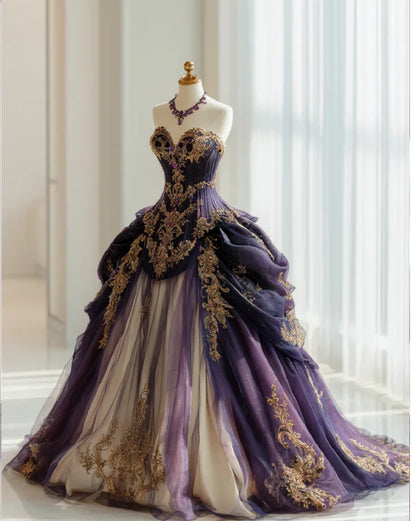 Glamorous Royal Purple Gold Applique Embroidery Sweet 16 Quinceanera Ball Gown TP5697