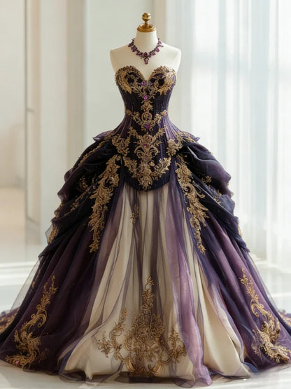 Glamorous Royal Purple Gold Applique Embroidery Sweet 16 Quinceanera Ball Gown TP5697