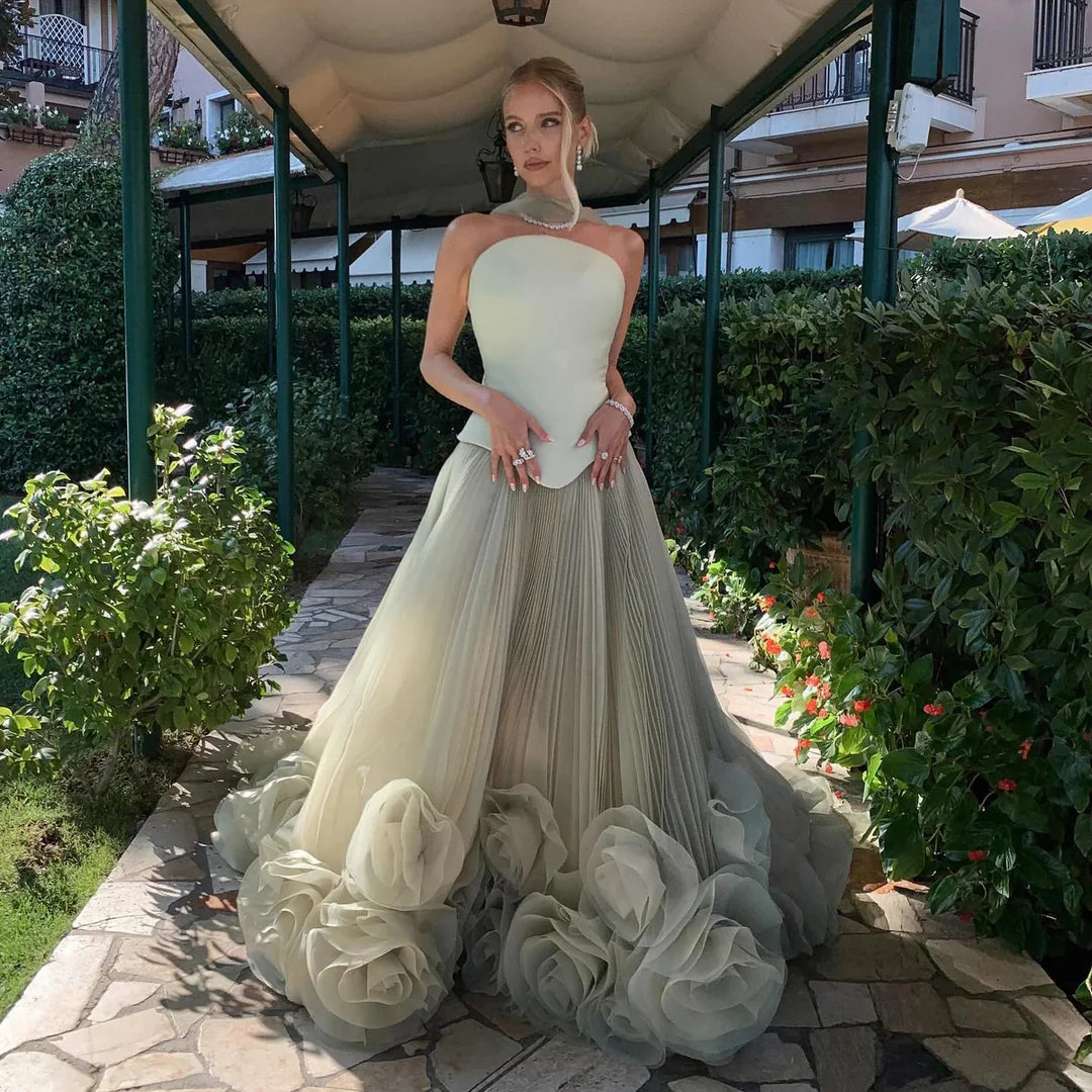 Gorgeous Sage Green 3D Flowers Strapless A-Line Floor-length Prom Dress Evening Dress TP4561