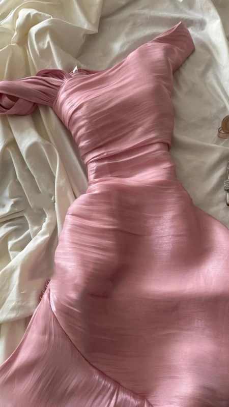 Pink Asymmetric Ruched Mermaid Evening Dress – Satin Ruffled Formal Gown TP5072