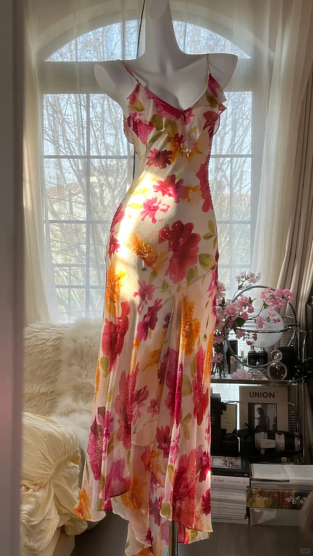 Vintage Floral A-line V-neck Spaghetti Strap Evening Dress Prom Dresses TP3931