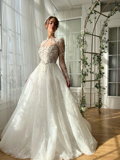 Romantic 3D Floral & Pearl Beaded Lace Bodice Illusion High Neck Puff Long Sleeve A-Line Wedding Dress TP5915