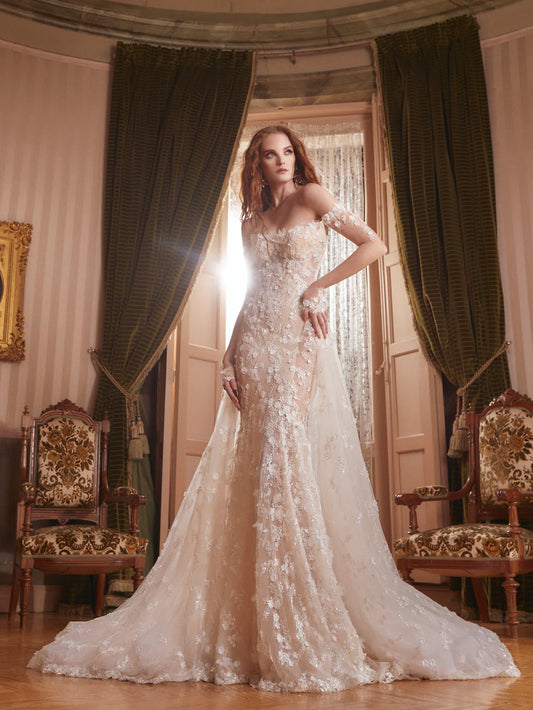 Gorgeous Ivory Lace Applique Off-the-shoulder A-Line Wedding Dress Prom Dress Evening Dress TP4595
