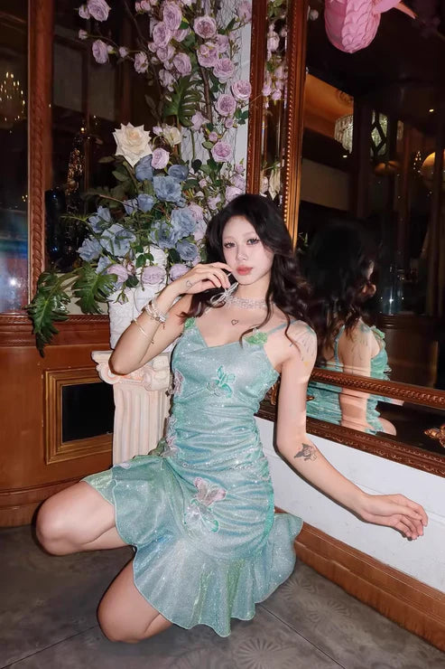 Fashion Mint Green Sparkling Sequin Spaghetti Strap Ruffled Hem Short 16th Birthday Party Dress Homecoming Dress TP4039