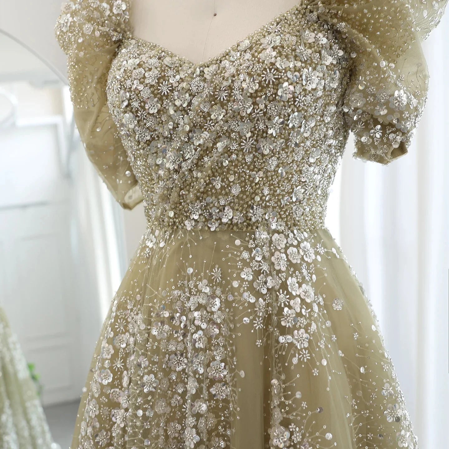 Gorgeous Sparkling Beaded Sequin Short-sleeve A-Line Long Prom Dress Evening Dress TP4557
