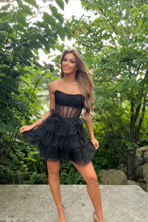 Vintage Black Glitter Design Tulle Short Strapless Homecoming Dress TP3563