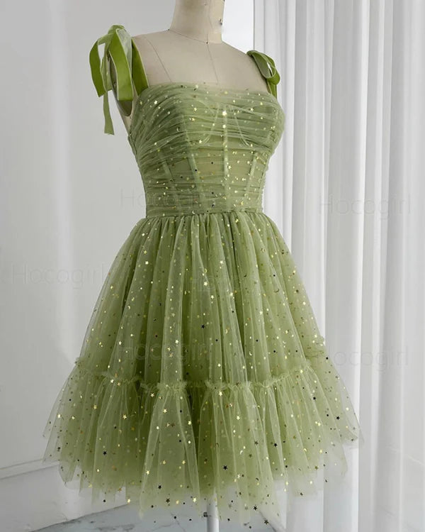 Charming Green Glitter Sequin Tulle Design A-line Homecoming Dress TP3621
