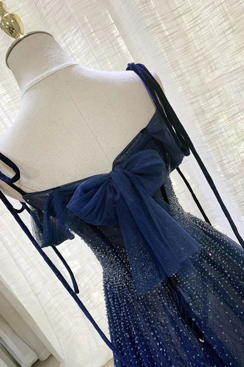 Vintage Navy Blue Shiny Sequin Spaghetti Strap Design A-Line Chiffon Tulle Evening Dress Prom Dress TP4126