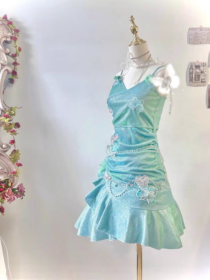 Fashion Mint Green Sparkling Sequin Spaghetti Strap Ruffled Hem Short 16th Birthday Party Dress Homecoming Dress TP4039