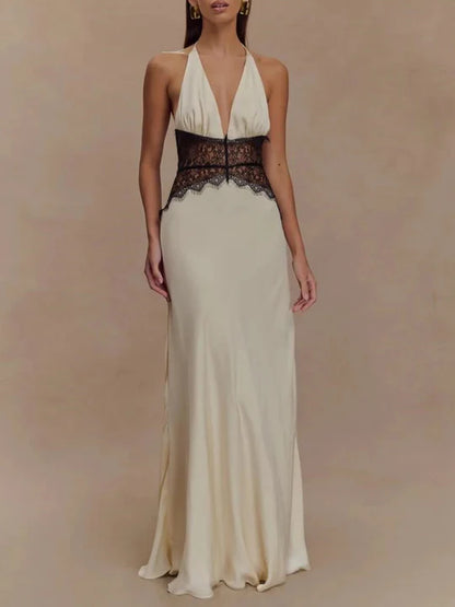 Charming Lace V-neck Prom Dress Sheath Halter-neck Evening Dress Long Formal Dress TP4716
