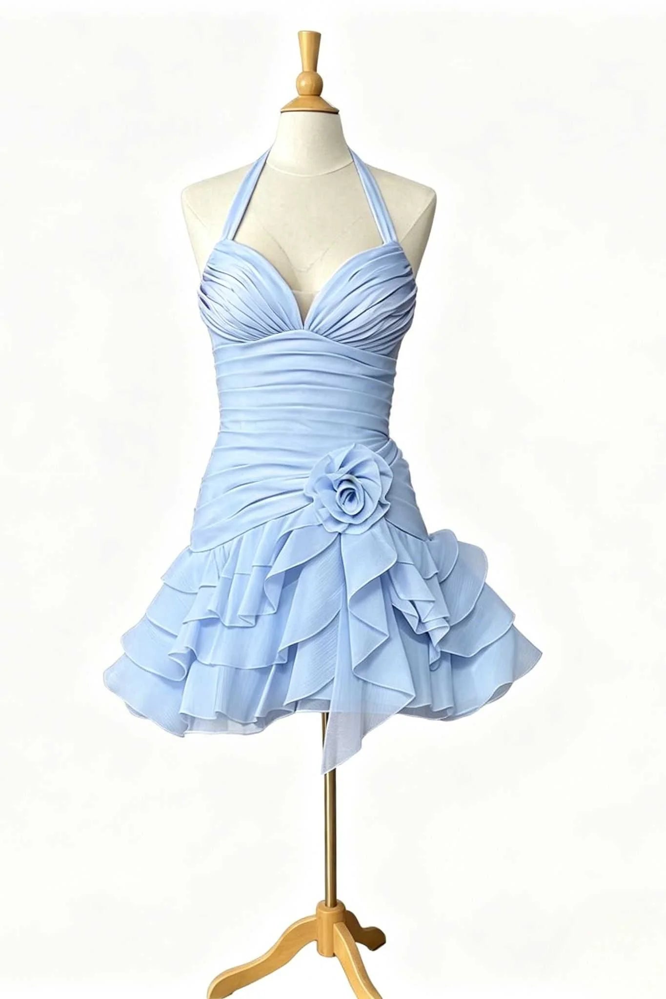 Vintage Light Blue Halter-Neck Ruched 3D Rose Ruffle A-Line Homecoming Dress TP6006