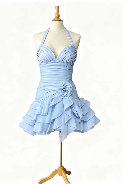 Vintage Light Blue Halter-Neck Ruched 3D Rose Ruffle A-Line Homecoming Dress TP6006