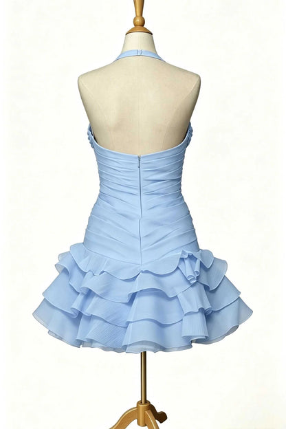Vintage Light Blue Halter-Neck Ruched 3D Rose Ruffle A-Line Homecoming Dress TP6006