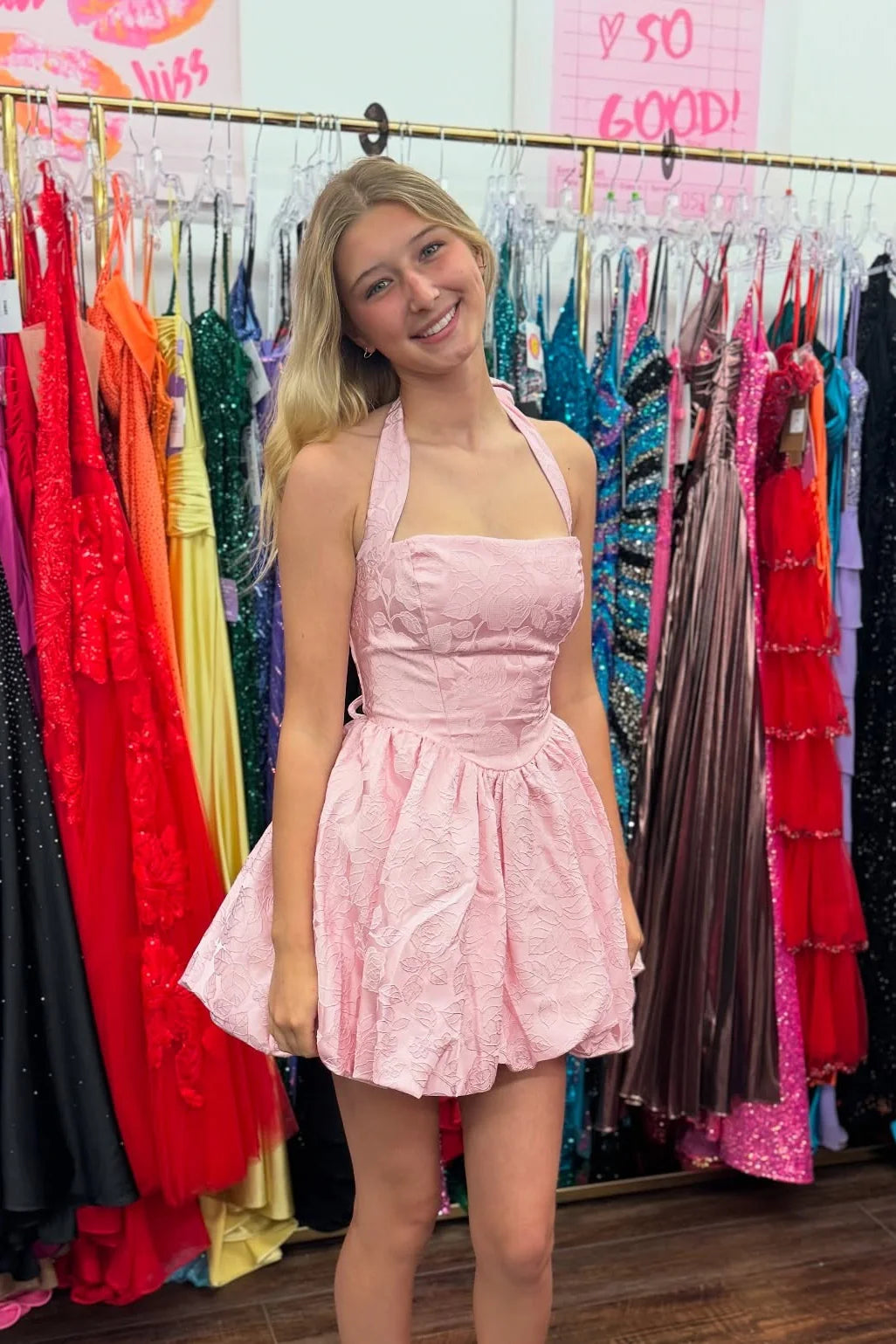 Vintage Pink Halter-Neck Floral Jacquard Bubble A-Line Homecoming Dress TP6031