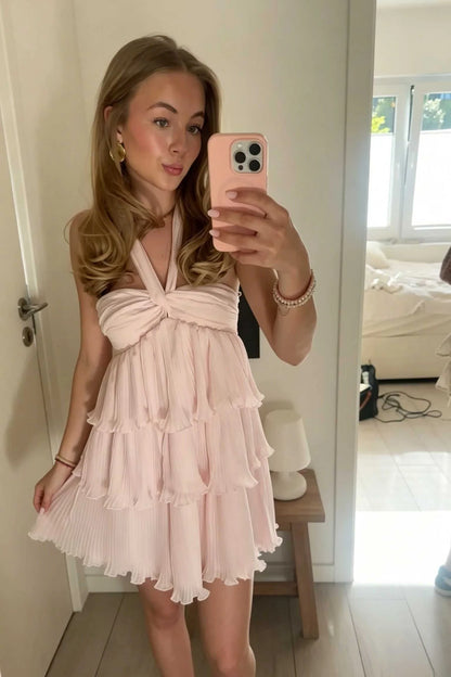 Cute Pink Halter-Neck Tiered Pleated Chiffon Homecoming Dress TP6015