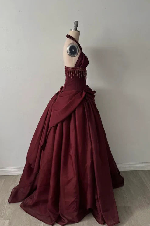 Glamorous Burgundy Halter Neck Beaded Fringe Satin Sweet 16 Quinceanera Ball Gown TP5698