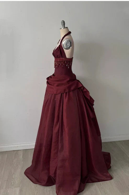 Glamorous Burgundy Halter Neck Beaded Fringe Satin Sweet 16 Quinceanera Ball Gown TP5698