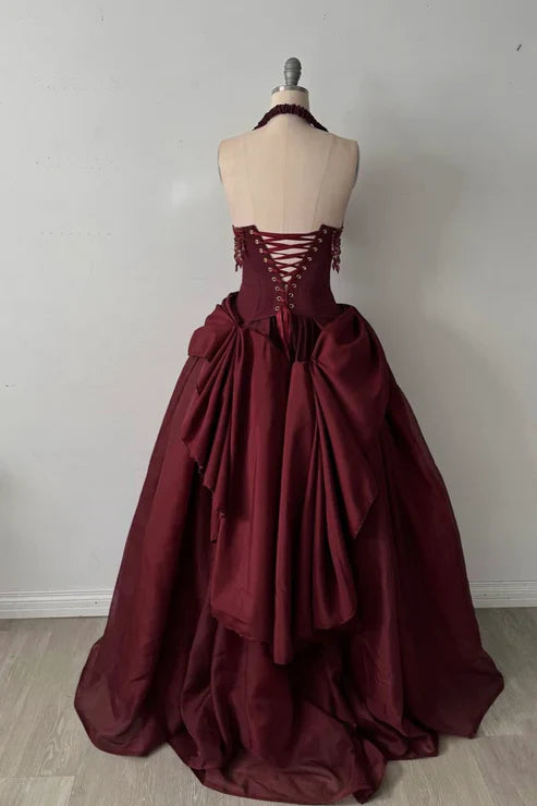 Glamorous Burgundy Halter Neck Beaded Fringe Satin Sweet 16 Quinceanera Ball Gown TP5698