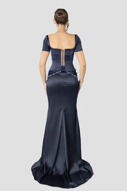 Vintage Dark Blue Mermaid Design Valentine Couture Satin Short-sleeved Prom Dress Evening Dress TP4225