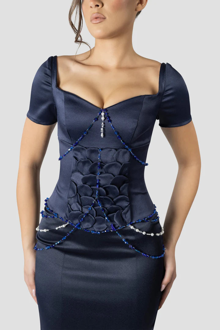 Vintage Dark Blue Mermaid Design Valentine Couture Satin Short-sleeved Prom Dress Evening Dress TP4225