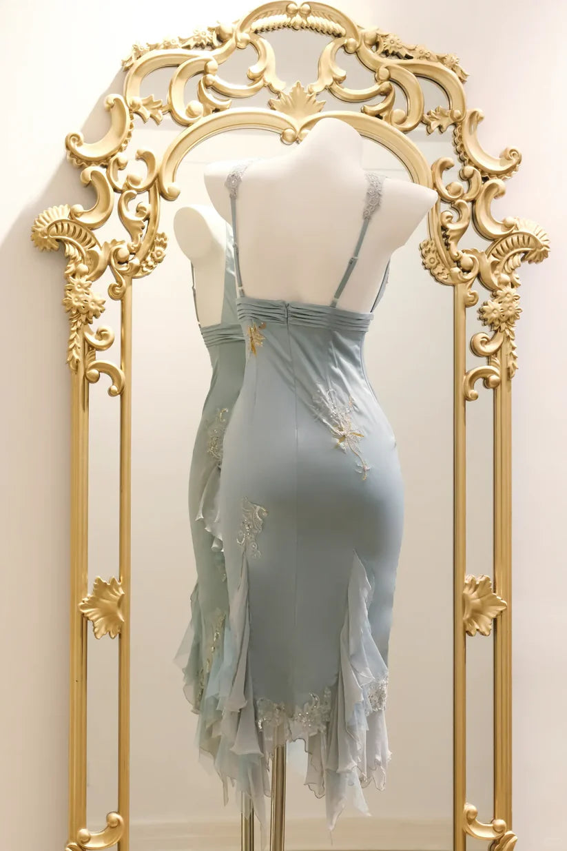 Romantic V-Neck Beaded Floral Embroidery Bodycon Ruffled Asymmetrical Hem Homecoming Dress TP5943