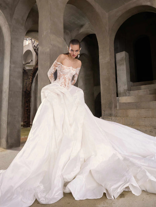 Gorgeous Lace Off-the-shoulder Long-sleeve Design A-Line Wedding Dress Ball Gown Prom Dress Evening Dress TP4597
