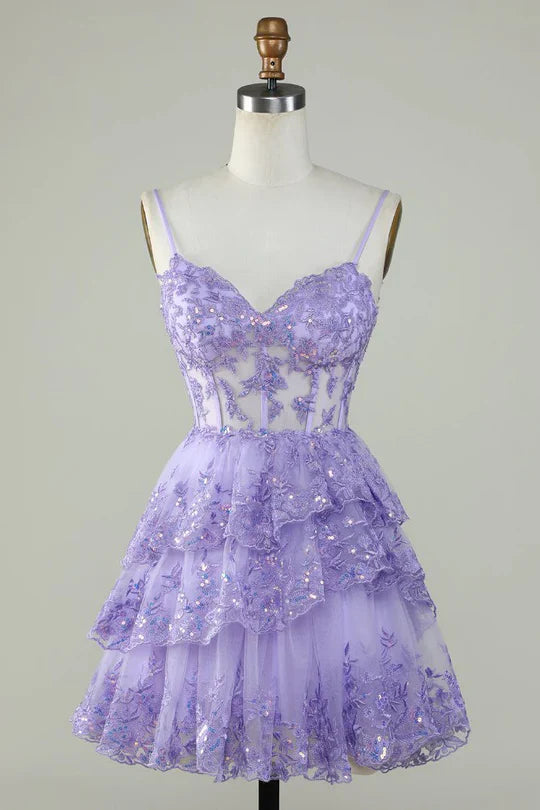 Charming Lilac Lace Sequined Appliqued Design A-line Mini Spaghetti Strap Homecoming Dress TP3605