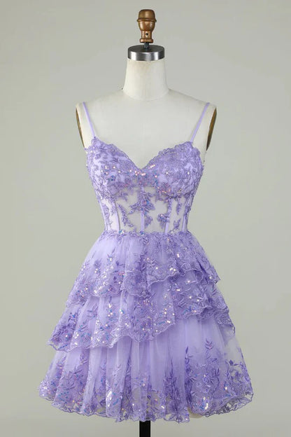 Charming Lilac Lace Sequined Appliqued Design A-line Mini Spaghetti Strap Homecoming Dress TP3605