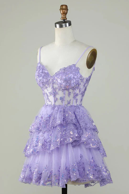 Charming Lilac Lace Sequined Appliqued Design A-line Mini Spaghetti Strap Homecoming Dress TP3605
