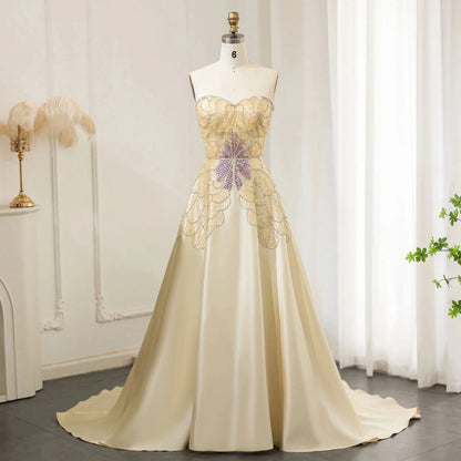 Elegant Ivory Beaded Prom Dress A-Line Evening Gown Satin Party Dress Long Formal Dress TP4774