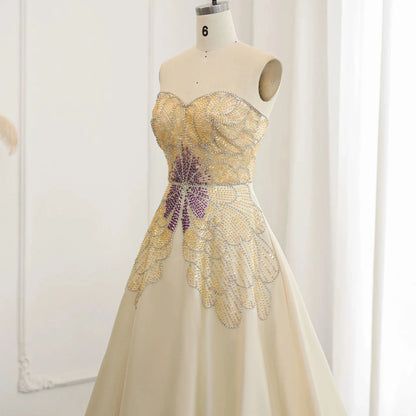 Elegant Ivory Beaded Prom Dress A-Line Evening Gown Satin Party Dress Long Formal Dress TP4774