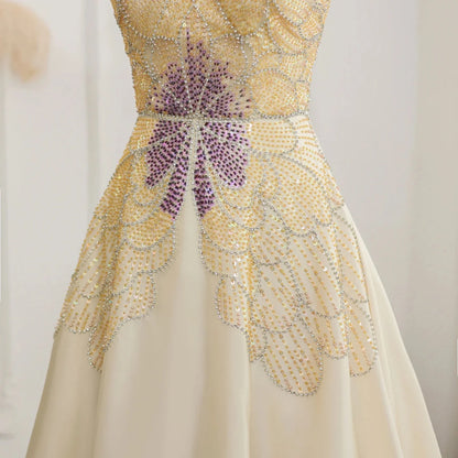 Elegant Ivory Beaded Prom Dress A-Line Evening Gown Satin Party Dress Long Formal Dress TP4774