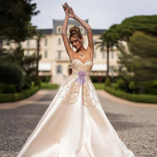 Elegant Ivory Beaded Prom Dress A-Line Evening Gown Satin Party Dress Long Formal Dress TP4774