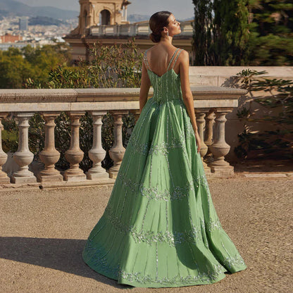 Gorgeous Green Shiny Beaded Spaghetti Strap A-Line Long Prom Dress Evening Dress TP4559