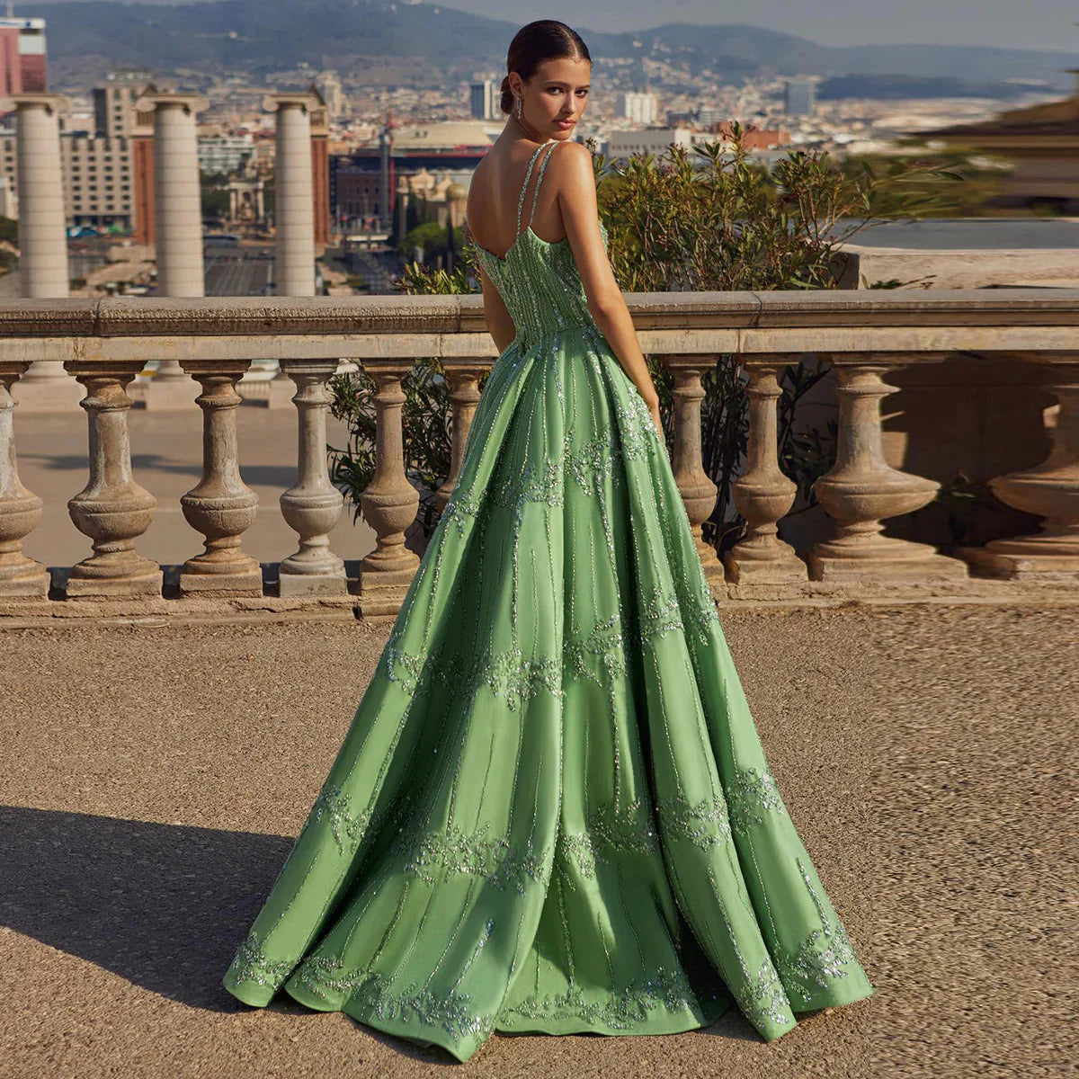 Gorgeous Green Shiny Beaded Spaghetti Strap A-Line Long Prom Dress Evening Dress TP4559