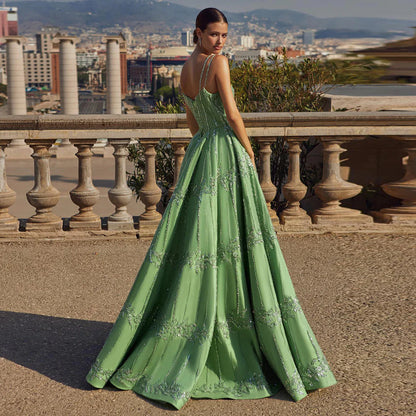 Gorgeous Green Shiny Beaded Spaghetti Strap A-Line Long Prom Dress Evening Dress TP4559