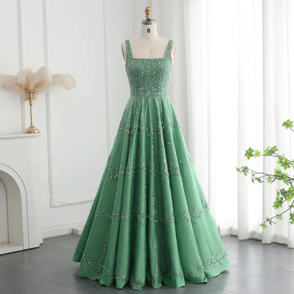 Gorgeous Green Shiny Beaded Spaghetti Strap A-Line Long Prom Dress Evening Dress TP4559