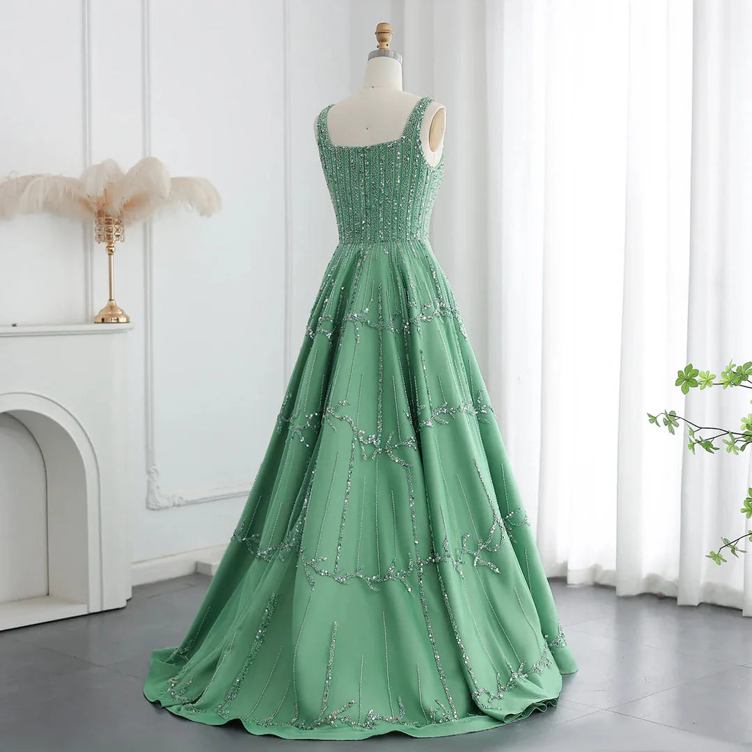 Gorgeous Green Shiny Beaded Spaghetti Strap A-Line Long Prom Dress Evening Dress TP4559