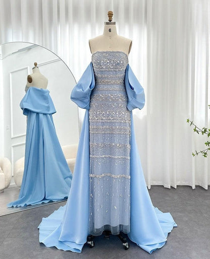 Vintage Shiny Beaded Strapless Sheath Cape Design Long Prom Dress Evening Dress TP4566