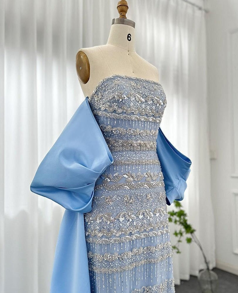 Vintage Shiny Beaded Strapless Sheath Cape Design Long Prom Dress Evening Dress TP4566