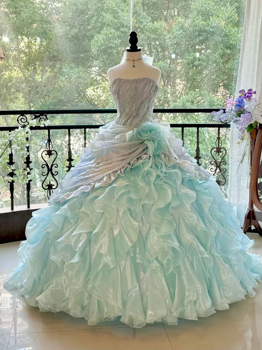 Glamorous Mint Green Tulle Strapless Beaded Ruffled Sweet 15 Quinceanera Ball Gown TP5446