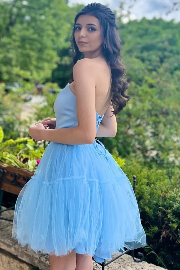 Fashion Light Blue Lace-Up Design A-line Tulle Short Homecoming Dress TP3568