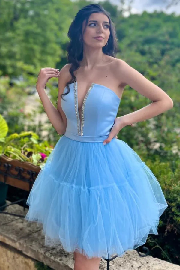 Fashion Light Blue Lace-Up Design A-line Tulle Short Homecoming Dress TP3568