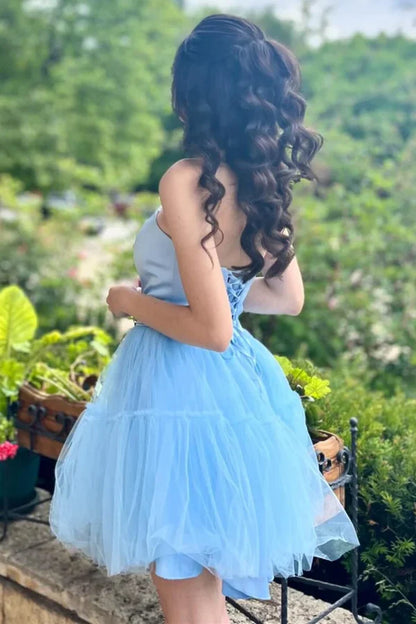 Fashion Light Blue Lace-Up Design A-line Tulle Short Homecoming Dress TP3568